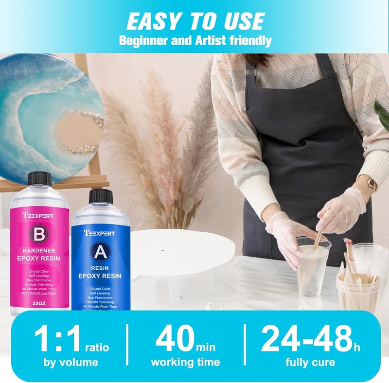 Teexpert Epoxy Resin Crystal Clear: 64OZ Epoxy Resin kit Fast Curing Heat Resistant for Casting Coating Art DIY Craft Jewelry Wood Table Top Flower Preservation- 2 Part(32OZ Resin and 32OZ Hardener) - Image 5